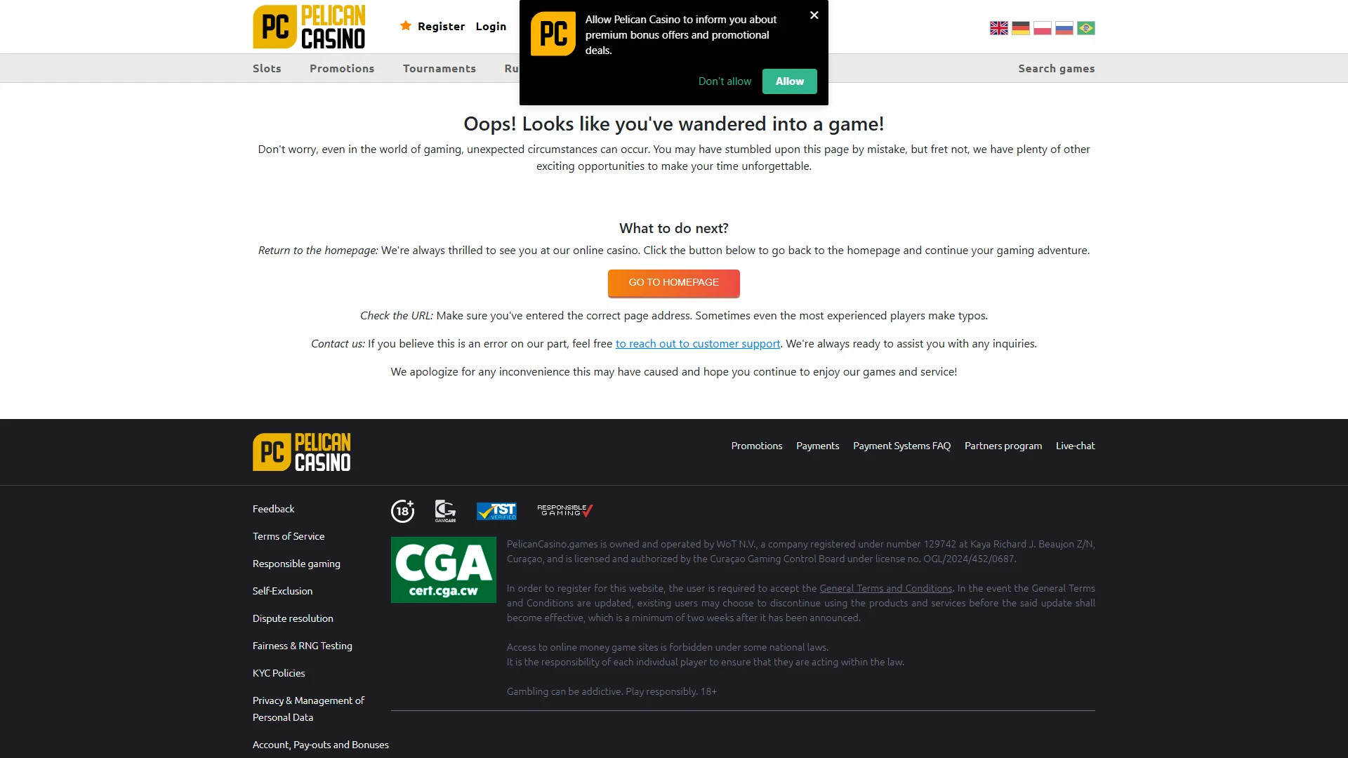 Pelican Casino cashier: deposit and withdrawal options
